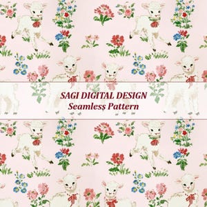 Può includere: Un motivo senza cuciture con agnelli bianchi con fiocchi rossi, intervallati da composizioni floreali rosse, rosa e blu, su uno sfondo rosa tenue. Il testo "SAGI DIGITAL DESIGN Seamless Pattern" è visibile.