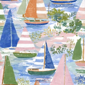 May include: A repeating pattern of sailboats in various colors, including blue, orange, pink, and green, sailing on a blue and white watercolor sea. The image has a painterly style with the text "SAGI DIGITAL" at the bottom.