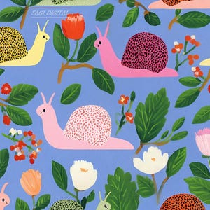 May include: A repeating pattern on a light blue background featuring yellow and pink snails with spotted shells, interspersed with green leaves, orange and white flowers, and clusters of small red berries. The text SAGI DIGITAL is visible.