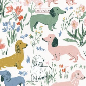 Può includere: Motivo ripetuto con cani bassotto multicolore, verdi, rosa, gialli e blu, intervallati da elementi floreali. Il testo "SAGI DIGITAL" è visibile. Il design è su sfondo bianco.