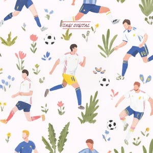 May include: A white fabric pattern featuring multiple soccer players in white jerseys and blue or yellow shorts, interspersed with black and white soccer balls, green foliage, and small pink, yellow, and blue flowers. The text SAGI DIGITAL is visible.