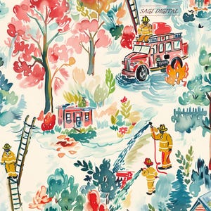 May include: A watercolor-style fabric pattern featuring firefighters in yellow gear, a red fire truck, and ladders amidst trees and foliage. The text SAGI DIGITAL is printed in the upper right corner. The scene depicts various firefighting activities.
