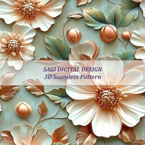 3D Embossed Floral Seamless Pattern, Rose Gold and Sage Green Luxury Flower Digital Paper