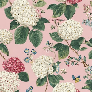 May include: A floral pattern wallpaper featuring clusters of white and pink hydrangea blossoms with green leaves on a light pink background. Small blue flowers and a yellow and blue butterfly are interspersed throughout. The text SAGI DIGITAL is visible.