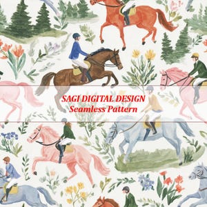 May include: Watercolor seamless pattern featuring equestrian riders on horses in various colors, including brown, pink, and blue. The design includes floral and foliage elements, with the text "SAGI DIGITAL DESIGN Seamless Pattern".