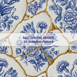 May include: A seamless 3D pattern featuring a white background with blue floral designs and gold accents. The design includes various flowers and foliage, with the text "SAGI DIGITAL DESIGN 3D Seamless Pattern" overlaid on the image.