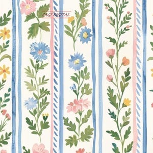 Può includere: Un motivo per carta da parati con strisce verticali in azzurro e rosa tenue, intervallate da tralci floreali in stile acquerello nei toni del giallo, blu, rosa e verde su sfondo crema. Il testo SAGI DIGITAL è visibile.