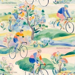 May include: Watercolor illustration of cyclists riding bikes on a scenic path. The artwork features a repeating pattern with cyclists in colorful attire, trees, and flowers. The text "SAGI DIGITAL DESIGN" and "SEAMLESS PATTERN" are visible.