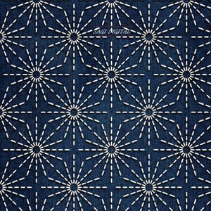 Op de afbeelding: Een donkerblauwe spijkerstof met een herhalend wit gestikt patroon van sterren of zonnestralen. Het ontwerp bestaat uit stralende stippellijnen die geometrische vormen op het oppervlak vormen. De tekst SAGI DIGITAL is zichtbaar.