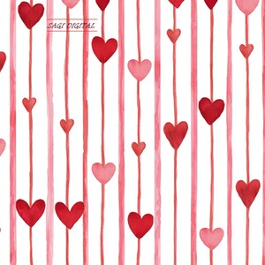 May include: A digital pattern featuring vertical watercolor stripes in varying shades of pink and red on a white background. The design includes scattered heart shapes in red and pink suspended along the lines. The text SAGI DIGITAL is visible.