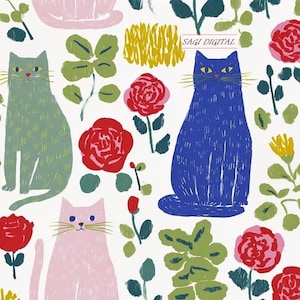 Cats and Roses Seamless Pattern, Folk Art Cat Floral Digital Paper, Cottagecore Fabric, Commercial Use