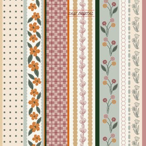 May include: A digital graphic featuring a series of vertical strips with varied patterns including dark polka dots on cream, orange flowers with green leaves, a pink plaid, a vine of small leaves, and floral stems on a light blue background.