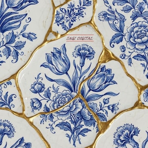 May include: A white ceramic surface featuring a blue floral pattern of tulips and peonies, segmented by raised gold lines in a kintsugi style. The text SAGI DIGITAL is printed in red in the center of the composition among the blue flowers.