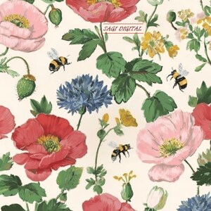 May include: A floral pattern featuring red and pink poppies, blue cornflowers, and yellow blossoms on a cream background. Several bumblebees are depicted in flight among the flowers. The text SAGI DIGITAL is printed in red near the top center.