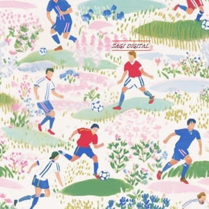 May include: A patterned fabric featuring a repeating illustration of soccer players in red, white, and blue uniforms playing on a field with pink and green floral accents. The text SAGI DIGITAL is printed in red in the center of the design.
