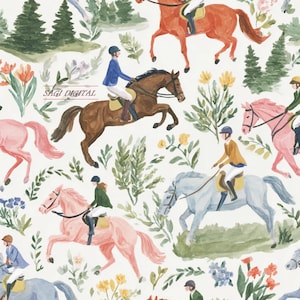 Könnte beinhalten: Aquarellillustration mit Reitern auf Pferden inmitten von Blumen und Grün. Die Pferde sind in Braun-, Rosa- und Blautönen gehalten. Die Reiter tragen Reithelme und Jacken. Der Text "Sagi Digital" ist sichtbar.