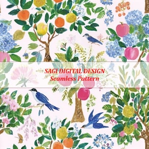 Könnte beinhalten: Ein nahtloses Muster mit Aquarellillustrationen von Obstbäumen mit Orangen, Zitronen und Äpfeln. Blaue Vögel sitzen auf Ästen inmitten rosa und blauer Blumen. Der Text "SAGI DIGITAL DESIGN Seamless Pattern" wird angezeigt.
