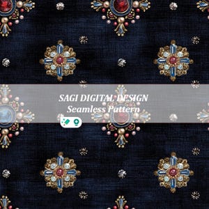 Può includere: Motivo senza cuciture blu scuro con disegni ornati simili a gioielli. Il motivo presenta elementi dorati, rossi, blu e simili a perle ripetuti, insieme ad accenti cristallini sparsi. Il testo "SAGI DIGITAL DESIGN Seamless Pattern" è visualizzato.