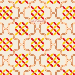 Nahtloses Retro-Blütenmuster – Geometrisches Stoffdesign der 70er Jahre – Rot-Gelb-Orangefarbenes Gitterdekor – Gewerbliche Nutzung