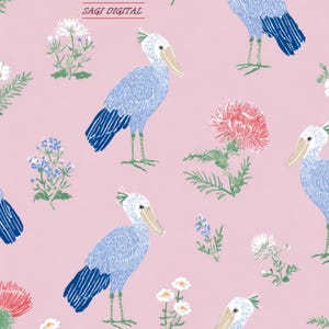 Shoebill Stork Seamless Pattern, Exotic Bird Botanical Digital Paper, Grandmillennial Pink Fabric, Commercial Use