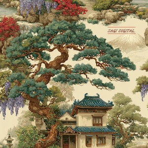 May include: A detailed illustration of a Japanese landscape featuring a traditional building with a blue tiled roof, lush green trees, and a mountain in the background. The image has a vintage aesthetic with the text "SAGI DIGITAL".