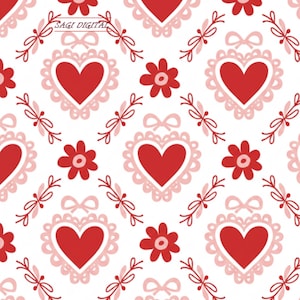 Peut inclure: Un motif répétitif sur fond blanc composé de cœurs rouges encadrés par des bordures festonnées rose clair, entremêlés de fleurs rouges à six pétales, de nœuds rose clair et de brindilles feuillues rouges. Le texte SAGI DIGITAL est en haut à gauche.