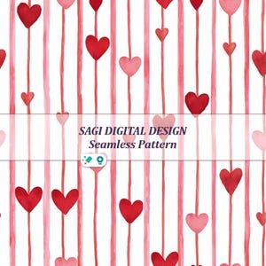Papier numérique aquarelle coeurs suspendus, motif Saint-Valentin à rayures rouges, impression transparente de fond amour