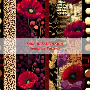Op de afbeelding: Een naadloos patroonontwerp met helderrode klaprozen, bessen en abstracte bloemelementen. Het ontwerp maakt gebruik van een mix van texturen en kleuren, waaronder zwart, goud en bordeauxrood. De tekst "SAGI DIGITAL DESIGN Seamless Pattern" wordt weergegeven.