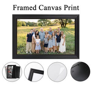 May include: A framed canvas print featuring a family portrait. The black frame surrounds a photograph of a large group of people standing in a field. The text "Framed Canvas Print" is at the top of the image. Additional images show frame details.