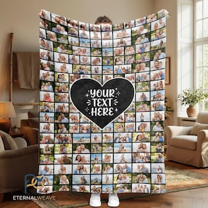 May include: A personalized photo collage blanket featuring numerous family photos arranged in a grid pattern. A large black heart shape in the center displays the text "YOUR TEXT HERE" in white. The blanket is held up by a person.