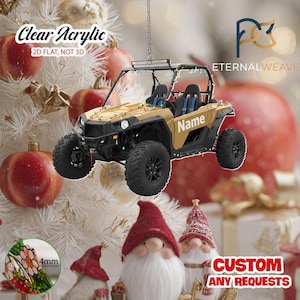 May include: A flat, clear acrylic hanging ornament shaped like a tan off-road vehicle with black tires, a roll cage, and colorful string lights. The side of the vehicle features the text Name. A small inset shows a 4mm thickness measurement.