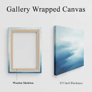 May include: Gallery wrapped canvas art. The image shows a canvas print with a blue and white abstract design. The wooden skeleton frame is visible, along with the 0.5-inch thickness of the canvas.