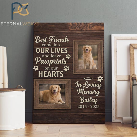 Pet Memorial Photo Canvas | Dog Bereavement Gift | Custom Sympathy Picture Frame | Pawprints On Heart | Loss of Dog Sign | Rustic Art