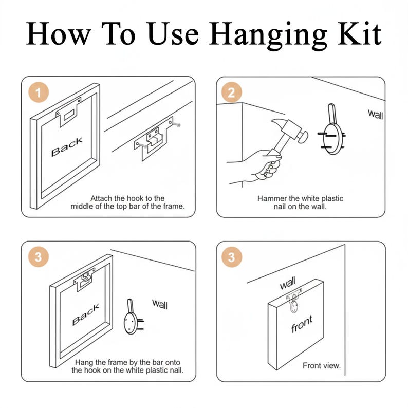 May include: Diagram illustrating how to use a hanging kit. The image shows step-by-step instructions, including attaching a hook to a frame, hammering a nail into a wall, and hanging the frame. Text includes "How To Use Hanging Kit."