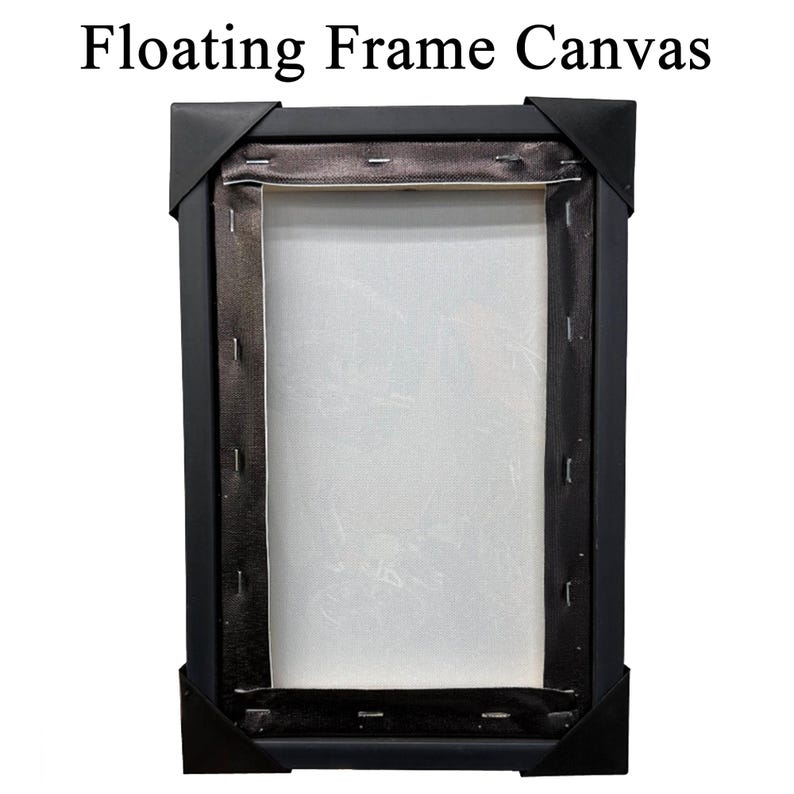 May include: A black floating frame canvas with the text "Floating Frame Canvas" at the top. The canvas is stretched over a wooden frame and secured with staples. The corners are protected with black corner protectors.