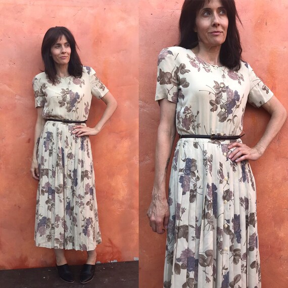 Vintage 1990s Midi Dress. Neutral Floral pattern Taupe Brown | Etsy