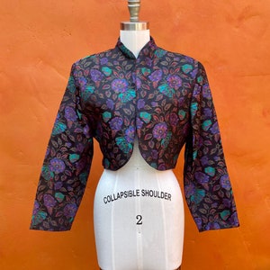 Vintage 1980s Black FLORAL Cropped Blazer. New Wave Punk Rock Rocker club Party Medium Large Size 8 10 12