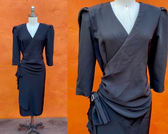 Vintage 1980s does 1940s Black Peplum Dress. Party Dress Cocktail Dress Pinup Dress 1940s Bow Medium Large Size 10 12