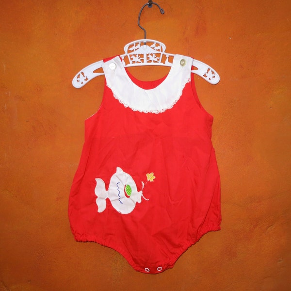 Vintage 1950s 1960s Baby Girls Red White with Fish Applique Romper Onesie Jumper. 9 -18 months