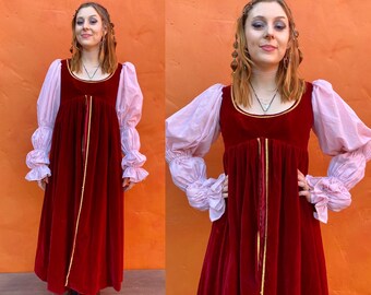 Vintage Red Velvet Medieval Dress Maxi Gown. Romeo Juliet Princess Bride Dress Renaissance Faire dress SCA Ren Faire Gown xxs xs Size 00 0 2