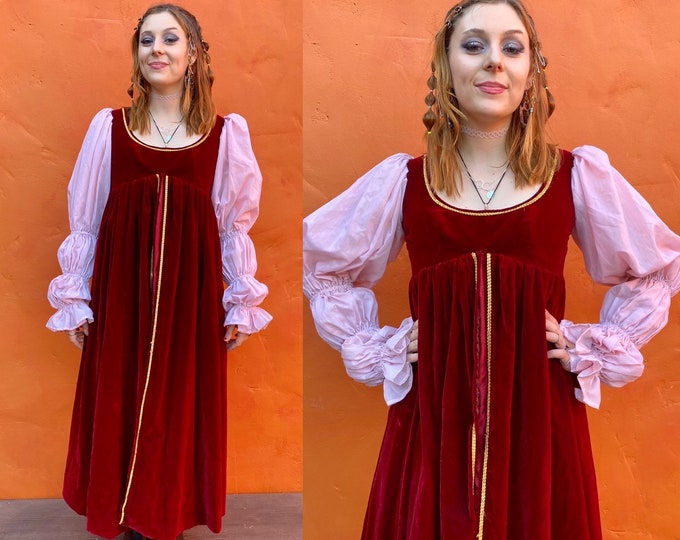 Vintage Red Velvet Medieval Dress Maxi Gown. Romeo Juliet Princess