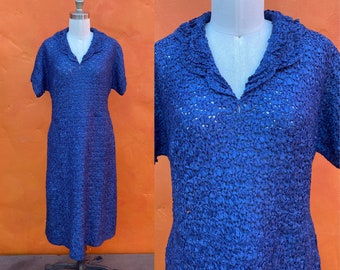 Vintage 1940s Women's Blue Ribbon Dress. 40s dress.  Size XXL 1X Size 16 18 Volup Pinup WWII