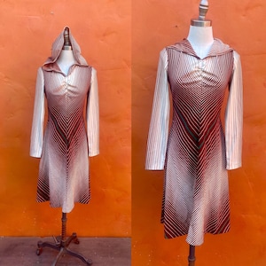 Vintage 1970s Mini dress with Hood. Opart Stripe Print. Club Party Disco Day DressHippie Boho Festival Groovy xs small Size 2 4