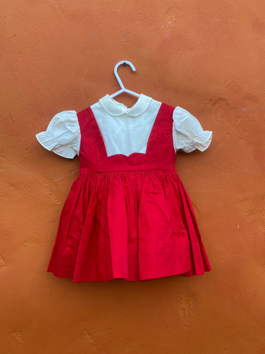 Vintage Girls 1950s Red & White Pinafore Dress. Holiday Christmas 2T 18
