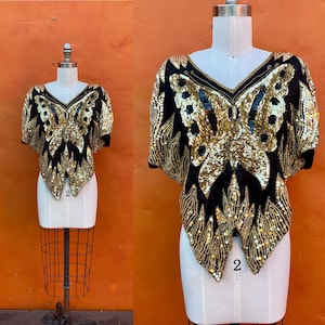 Vintage 1970s 1980s Silk Beaded Party Cocktail Top Blouse. Sequined Butterfly top. Evening Sequins Statement Disco Club small medium image 1