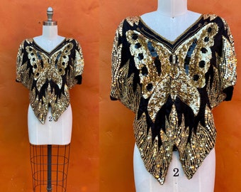 Vintage 1970s 1980s Silk Beaded Party Cocktail Top Blouse. Sequined Butterfly top. Evening Sequins Statement Disco Club small medium