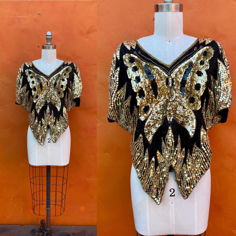 Vintage 1970s 1980s Silk Beaded Party Cocktail Top Blouse. Sequined Butterfly top. Evening Sequins Statement Disco Club small medium image 1