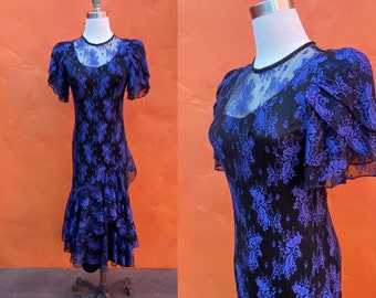 Vintage 1980s does 1930s Blue Black Lace Dress. Downton Abbey Flapper Dress Prom Party Cocktail