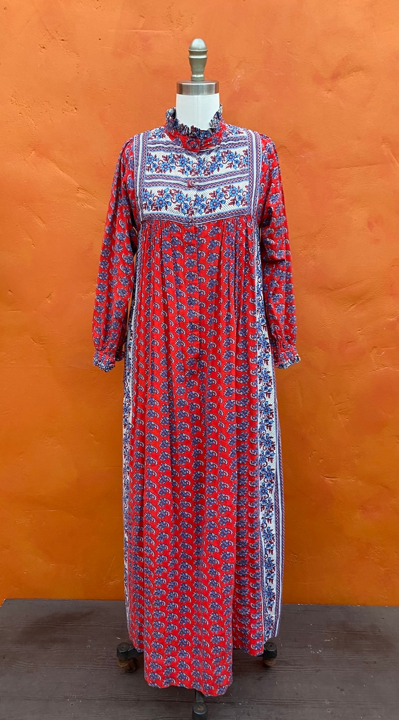 Vintage 1970s Ramona Rull Dress Cotton Hand Blocked Print Caftan Maxi Boho bohemian dress xs small Size 0 2 4 6 image 9