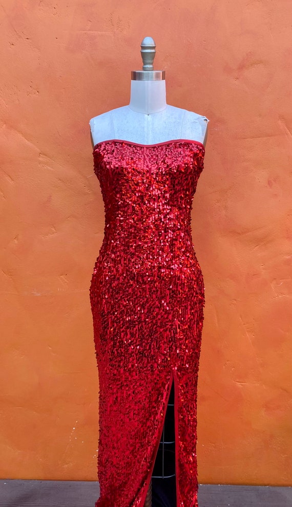 Sexy Vintage 1970s 1980s Strapless Red Sequined M… - image 4